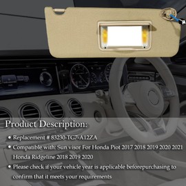Right Passenger Side Sun Visor Compatible with Honda Pilot 2017-2021, Ridgeline 2018-2020, Sunvisor with Mirror & Vanity Light, Replace PN. 83230-TG7-A12ZA, Beige Passenger Right Side SunVisor