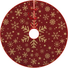 Christmas Tree Skirt 36 Inches(90cm), Gold Snowflakes Red Tree Skirt, Large Christmas Tree Mat with Snow Pattern for Christmas Decorations Party
