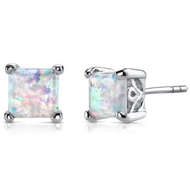Peora Created White Fire Opal Earrings 925 Sterling Silver, Scroll Gallery Solitaire Studs, 2 Carats Total Princess Cut 6mm, Friction Back, October Birthstone Earrings, Jewelry Gift, w/Jewelry Box