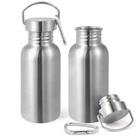Volhoply 16oz Uninsulated Single Walled Water Bottles 2 Pack, Stainless Steel Kids Water Bottle with Handle & Carabiner, BPA Free Reusable Water Flask for Camping Hiking Biking (Silver,2)