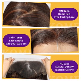 KOME Brown Highlight Synthetic Lace Front Wig,13×6 Short Straight Glueless Bob Wig for White Women Daily Use 10IN