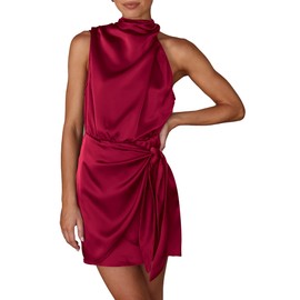 PRETTYGARDEN Women's Short Formal Satin Dress Summer Sleeveless Mock Neck Tie Waist Cocktail Party Dresses (Deep Red,Large)