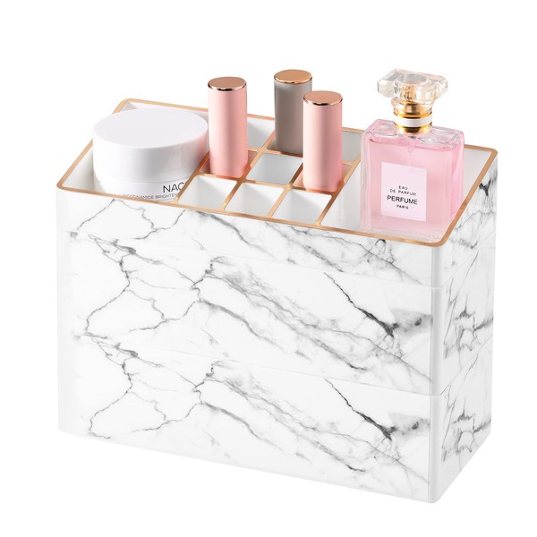 Lewondr Makeup Organiser, 3 Drawers PS Makeup Box with Stackable Design, Make Up Storage Box, Large Capacity Cosmetic Organiser for Bathroom, Cosmetic Lipsticks, Marble White