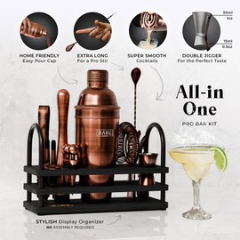 BARE BARREL® Mixology Bartender Kit Bar Set | 14-Piece Cocktail Shaker Set | Martini Barware Mixing Tools for Home Bartending | 35 Recipe Cards | Gift Set (24oz Cobbler Shaker, Copper/Black)