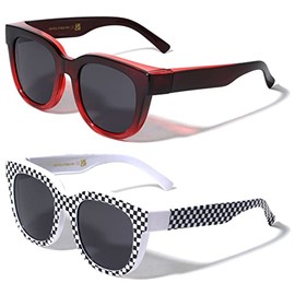 V.W.E. 2 Pairs Women Round Polarized Fit over Sunglasses - Wear Over Prescription Eyeglasses 100% UV Protection (1 Red 1 Checker)