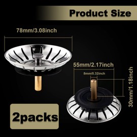 Strainer Drain Plug Set of 2 - 7.8 cm Stainless Steel Sink Plug for Kitchen and Bathroom, Universal Sink Plug with Drain Strainer for Sink, Easy to Clean, Durable