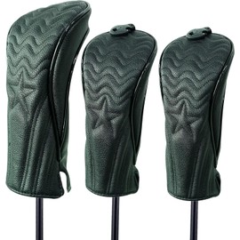 Golf Head Cover Premium PU Leather Driver DR Wood FW 2-Piece Head Cover 3-Piece Set with Wave Conversion Tag (Black)