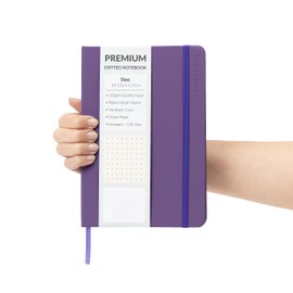 Bullet Journal A5 Dotted Notebook with Faux Leather Hardback Cover and Premium 120gsm Thick Dot Grid Paper (128 Cream Pages, Purple)