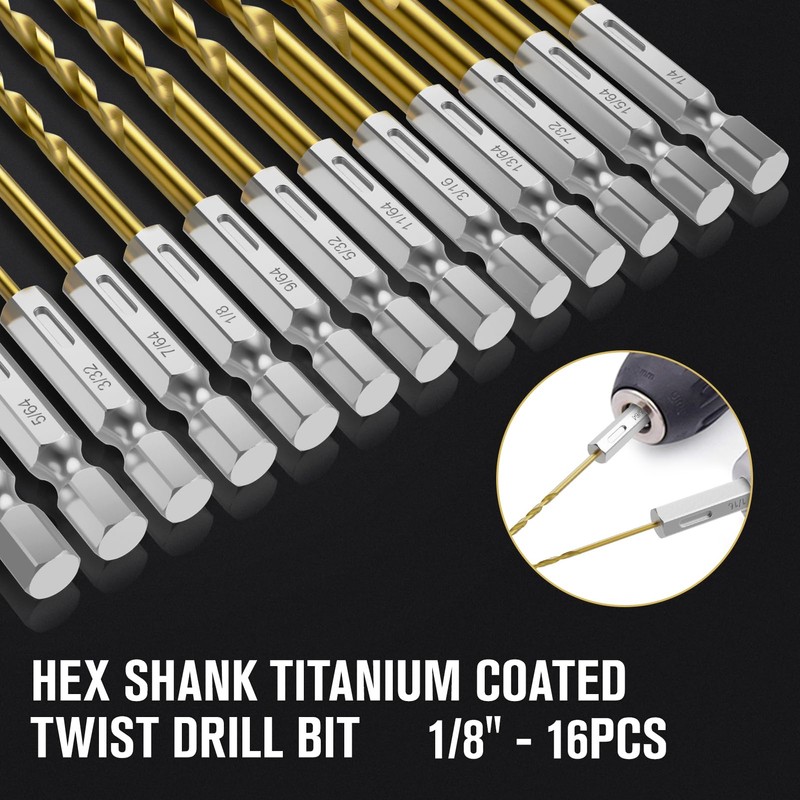 MACXCOIP Hex Shank Drill Bit Set, 16Pcs 1/8" HSS Titanium