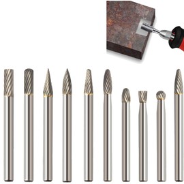 KEWAYO Carbide Burr Set, 10 Pieces Metal Milling Cutter Rotary Drill Bit with 6 mm Shank Carbide Burr Rotary Tool Accessories for Grinding, Carving, Metal Polishing, Engraving, Drilling