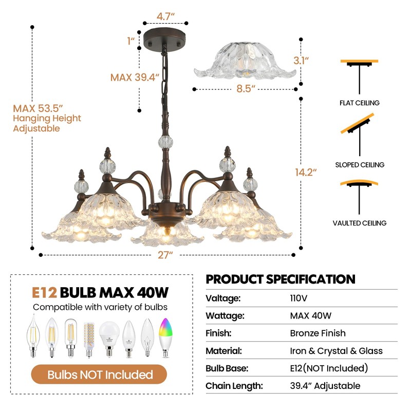 Sicddde Dining Chandelier Over Table 5 Light Brown Vintage Glass