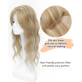 Fine Plus Hair Topper for Women 16 x 16 cm Large Base Topper Synthetic Wig Topper for Hair Losing / Thin Toppers 50.8 cm Long Wavy Hairpieces for Women (Champagne Blonde with Highlights)
