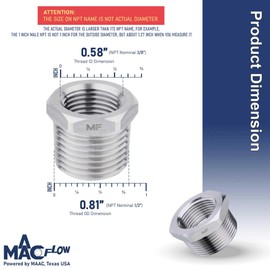 MAACFLOW MAACFLOW Stainless Steel 1/2" Male NPT to 3/8" Female NPT Adapter Reducer Hex Bushing (Thread OD 0.81" - ID 0.58") (pack of 2)
