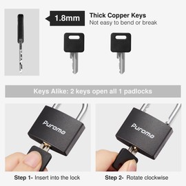 Puroma Lock Keyed Padlock, 1 Pack Aluminum Locks with 2 Keys Alike, 7/8 Inch Locker Lock 43mm Small Padlocks for Gate, Fence, Shed, Toolbox, School Gym Locker (Black)