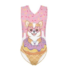 TOADDITDO Corgi Gymnastics Leotards for Girls 5-6 Doughnut Ice Cream Print Sleeveless Leotard One Piece Gymnastics Outfit Dance Unitard Biketards