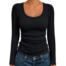 AUTOMET Womens Long Sleeve Shirts Ribbed Knit Tops Scoop Neck Fall Tops Black L