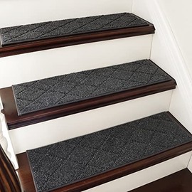 COSY HOMEER Edging Stair Treads Non-Slip Carpet Mat 28inX9in Indoor Stair Runners for Wooden Steps, Edging Stair Rugs for Kids and Dogs, 100% Polyester TPE Backing 4pcs,Black