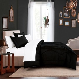 7-Piece Casual Style Bed in a Bad Black Comforter Set Oversized King Size | Reversible Deep Pocket Geometric Solid Color Pattern Premium Bedding | Soft Smooth Comfortable Pretty Black White Colors