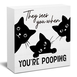 Funny Bathroom Decoration He Sees You When You're Pooping Wood Box Sign for Toilet Restroom Sink Black Cat Decor Decorations for Home Office Desk Office Gifts for Coworkers 5 X 5 Inch