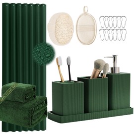 Resin Green Bathroom Set, Dark Green Bathroom Accessories Set with Shower Curtain, Bath Towel Sets, Natural Loofah Sponge, Soap Dispenser, Toothbrush Holder, Toothbrush Cup and Tray for Bathroom