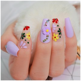 GALSPRO Medium Press on Nails - Set of 24 Fake Nails with Designs in 12 Different Sizes for Perfect Fit, Cute False Nails Kit for Women with 0.07oz Nail Glue (FLORALFUSION COFFIN SHAPE, Medium)