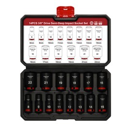 Mayouko 14PCS 3/8" Drive Semi-Deep Impact Socket Set, 8-22MM, Metric, CR-MO, Impact Grade Middle Length Socket Set, 6 Point