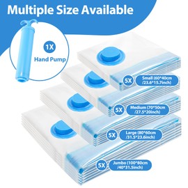 Vacuum Seal Bags for clothing - 20 Pack Vacuum Storage Bags for Travel (5 Jumbo/5 L /5 M /5 S), Space Saver with hand pump, Vacuum Sealed Bags for Luggage Clothes Blankets Bedding