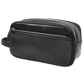 Men's Genuine Leather Travel Toiletry Medium Dopp Kit Bag HLG067 Black
