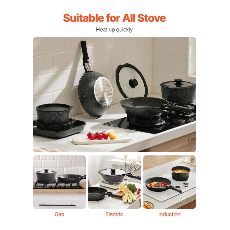 17-Piece Black Granite Nonstick Cookware Set Detachable Handle Space-Saving Induction