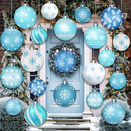 Harrycle 36 Pcs Winter Hanging Decorations Outdoor Blue Snowflake Christmas Ball Ornaments Wonderland Snowflake Elk Xmas Tree Hanging Ornaments for Winter Holiday Yard Porch Indoor Outdoor Decor