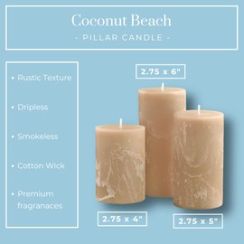 Becky Home Beige Scented Pillar Candles Set of 3, 3x4, 3x5, 3x6 Beige Candles, Coconut Beach Pilar Scented Candle, Ideal as Wedding, Parties, Spa, Dinner, Home Decor, Church