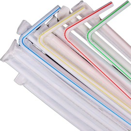 500 Count Flexible Disposable Plastic Drinking Straws, Individually Wrapped Plastic Disposable Straws - 8.3 X 0.23 Inch, Perfect for Parties, Picnics & Everyday Use,Striped Assorted Colors
