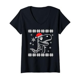 Womens Xmas T-Rex - Santa Dinosaur Christmas Lights Holiday Costume V-Neck T-Shirt