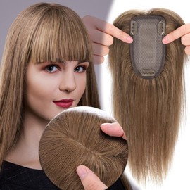 MY-LADY Human Hair Toppers for Women Real Remy Hair 150% Density 7 * 13CM Silk Base with Bangs Clip in Hair Pieces Straight Hairpiece for Thinning Hair 10 Inch #06 Light Brown