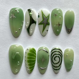 24Pcs Long Almond Press on Nails Green Fake Nails Fishbone Line Silver Star 3D Water Ripple Design French Tips Glue on Nails Glossy Full Cover False Nails Decor Salon Manicure Supplies for Women