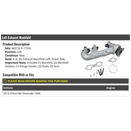 Left Driver Side Exhaust Manifold Kit with Gaskets and Hardware - Compatible with 2002-2013 Chevy Silverado 1500 4.3L V6