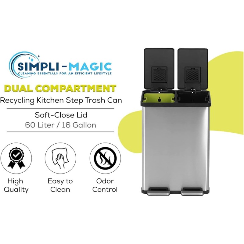 SIMPLI-MAGIC 16 Gallon (38L x 22L) Dual Compartment Step Trash