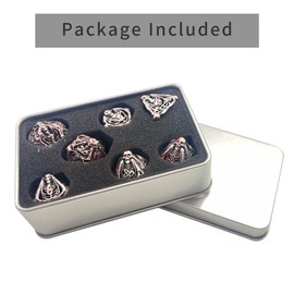 InciFuerza Antique Silver Hollow Skull 7-Piece Metal Dice Set for DND Cthulhu Tabletop Games, with Silver Storage Box