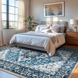 Lofus 8x10 Area Rugs for Living Room, Washable Area Rug, Rugs for Bedroom, Kitchen, Vintage Boho Carpet, Soft Non-Slip, Low Pile Large Area Rug for Office Dining Room, Floral Light Blue