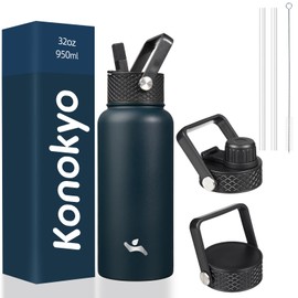 Konokyo 32 oz Insulated Water Bottle Stainless Steel Sport Bottles with 3 Lids,Navy Blue