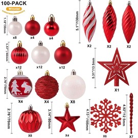 Juego de adornos de bola de Navidad de 100 unidades, surtido de adornos colgantes e inastillables para árbol con paquete portátil reutilizable de regalo, para árbol de Navidad, fiestas y decoración del hogar (rojo)