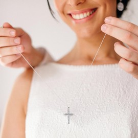 YIFSIY Cross Necklace for Women 925 Sterling Silver Angel Wings Necklace Pendant Round cut CZ White Gold Plated Jewelry for Her