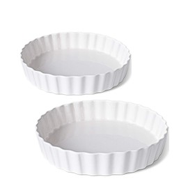 DELLING Set of 2 Tart Pans, 9.5 inch Quiche Pan, Ceramic Fluted Quiche Baking Dish/Pie Pan, Perfect for Baking Tart Pies and Chicken Pot Pie, Cheesecake, Creme Brulee, Round, White