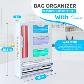 PrimeNex Ziplock Bag organizer, Ziplock Foil and Plastic Wrap Dispenser with Cutter, 6 in 1 Bamboo Kitchen Drawer Plastic Bag Food Baggie Organizer for Drawer Gallon, Quart, Sandwich, Snack