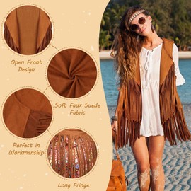 SlowTon 5 Pcs Hippie Costume Accessories for Women - Disco 70s Hippie Outfit Clothes for Women Girls Fringe Vest Set With Sleeveless Top Bohemian Feather Earrings and Headband
