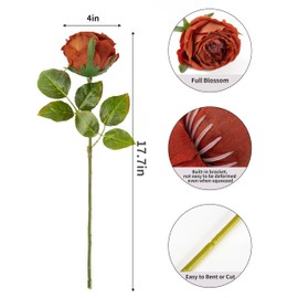 DuHouse 5Pcs Silk Roses Fake Burnt Orange Roses with Stems Real Touch Rose Artificial Flowers for Arrangement Wedding Party Home Decoration(Burnt Orange)