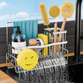 Sponge Holder for Kitchen Sink 304 Stainless Steel Self-Draining Sink Caddy with Smiley Face Sponge and Brush Holder Towel Bar and Divider Kitchen Gadgets Organizer for Countertop, Silver
