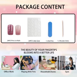 24pcs Short Coffin False Nails, Glitter Purple Pink Press on Nail,Removable Full Cover Acrylic Stick on Nails for Women,Nail Art Accessories (Pink,Purple Glitter)