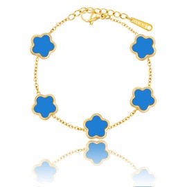 14K Gold Dainty Four Leaf Clover Bracelets for Women Lucky Flower Jewelry, 13*13mm, Yellow Gold, chalcedony