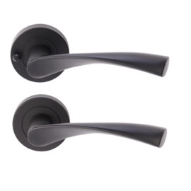 HANDLEZONE® Zena Privacy Lever On Round Rose Door Handles, with Bullet Privacy Latch, for Bathroom, Toilet, WC Doors, 1 Set - Black Matt